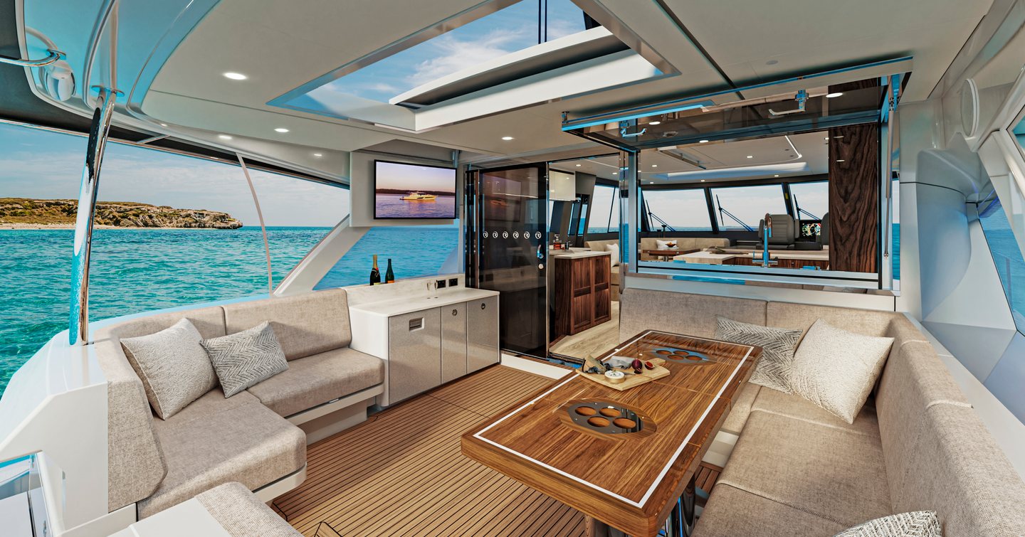 Rendering of Riviera 735 SUV motor yacht aft deck with U-shaped sofa and wooden table