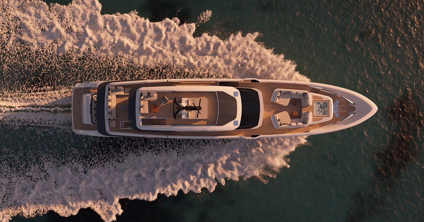 Aerial rendering of Custom Line Saetta 128' superyacht under way