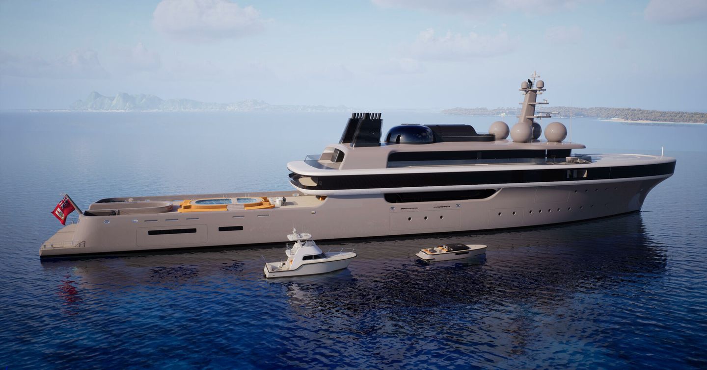 Rendering of superyacht Project Cosmos at anchor with tenders nearby 