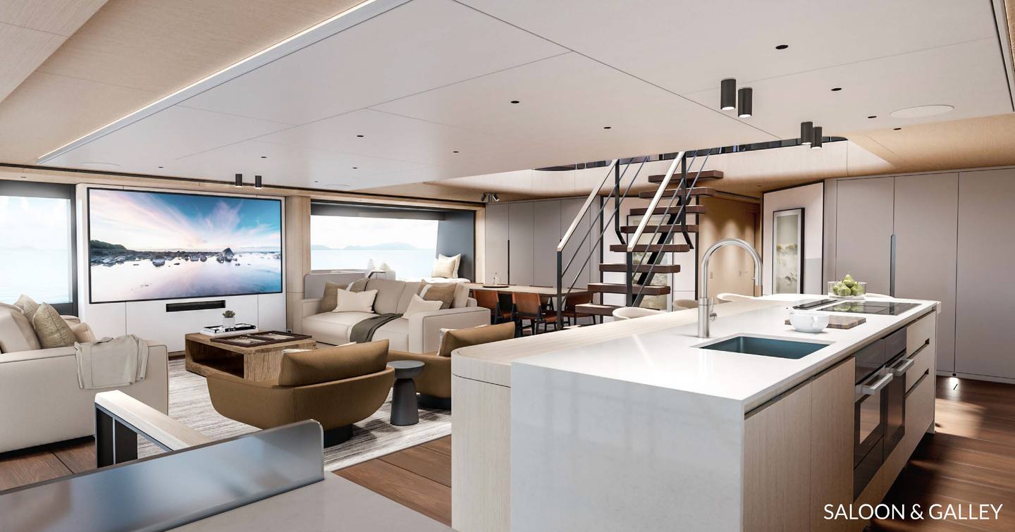 Rendering of  Silver Yachts Custom Explorer Catamaran Project H780 main saloon and galley 