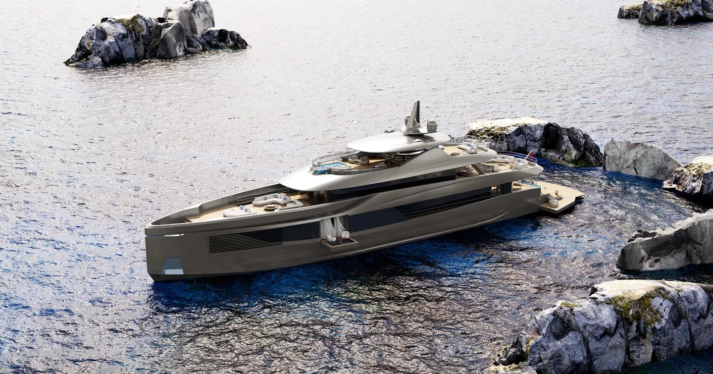 Rendering of LIVIA Infinite superyacht at anchor next to coves