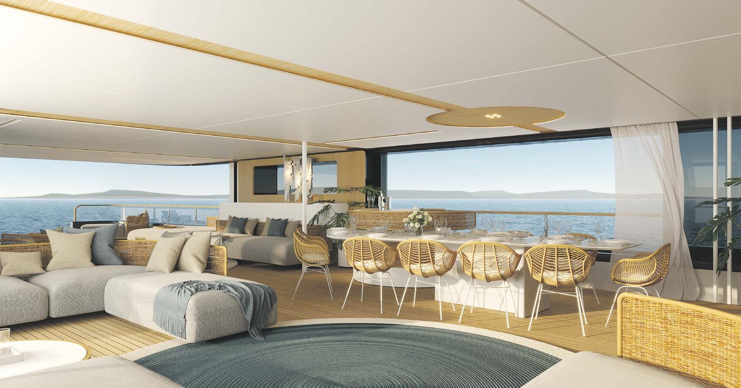 Rendering of Benetti Motopanfilo 45M motor yacht main saloon with woven dining chairs and open sides