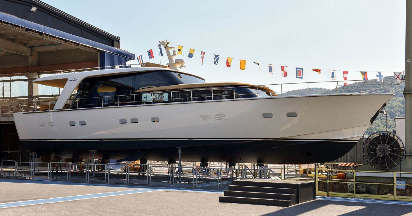 Sanlorenzo SHE on trolley at launch with bunting 