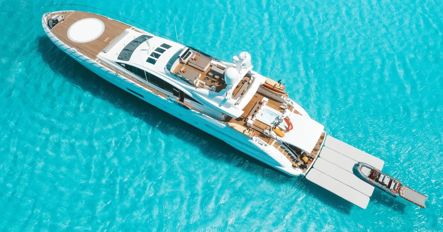 Mangusta yacht Firefly at anchor aerial view 