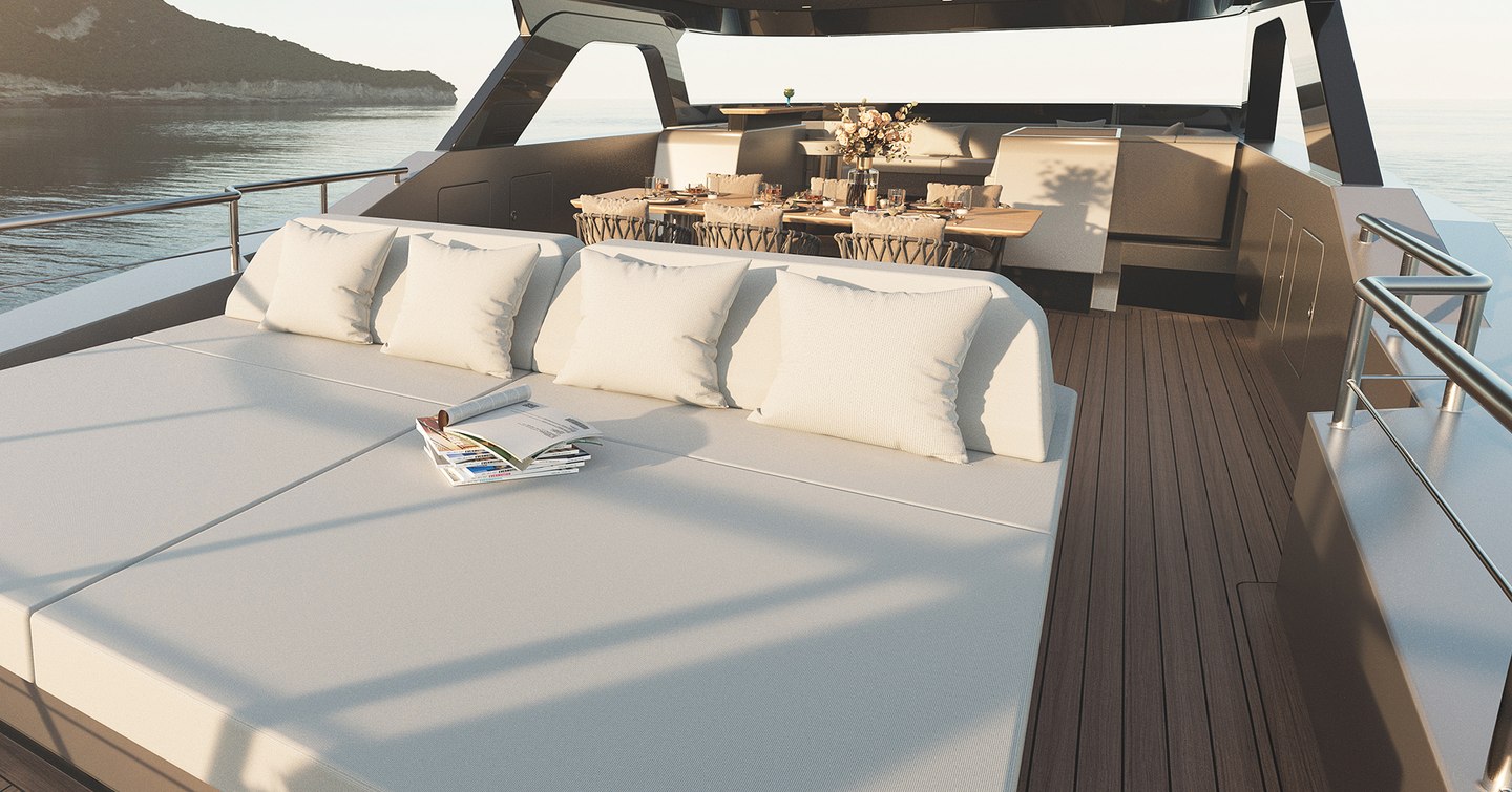 Outer Reef 780 Adventure expedition yacht sundeck with sunpads and alfresco dining
