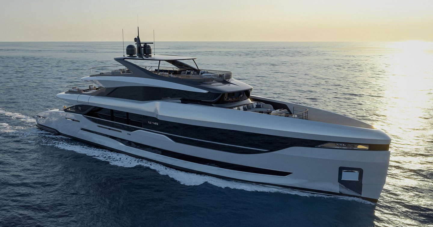 Rendering of ISA Unica 45M Superyacht under way 