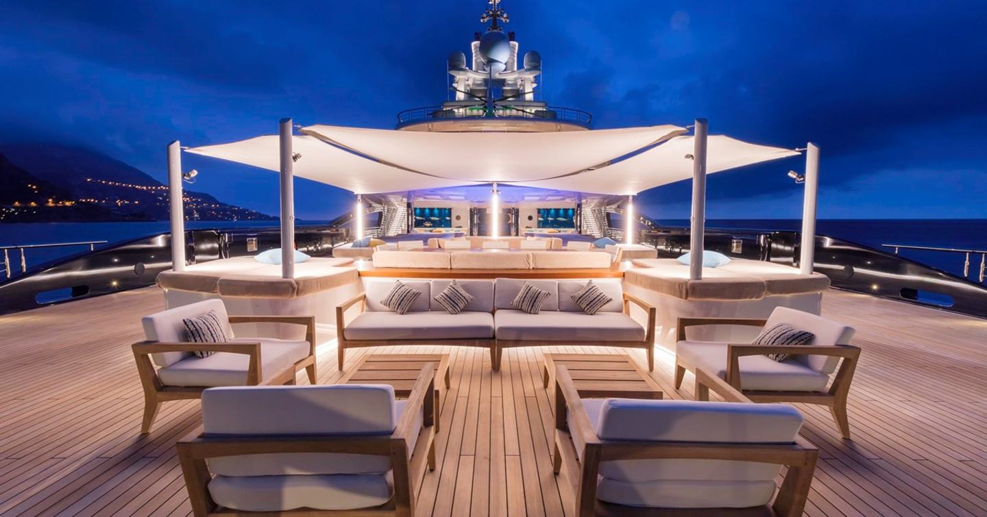 Superyacht Luna sundeck with seating under canopies