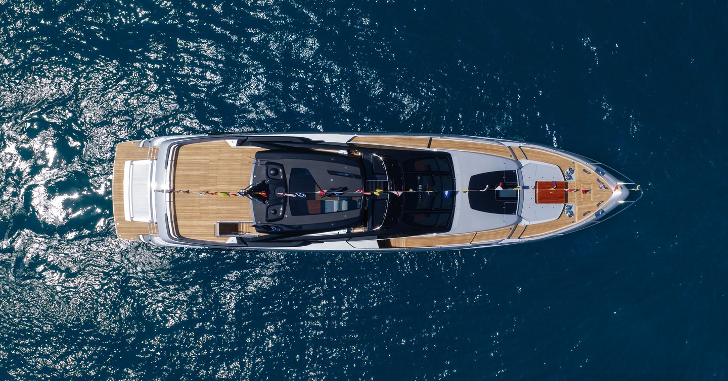 Aerial view of First Riva 96' Argo Super motor yacht at anchor 