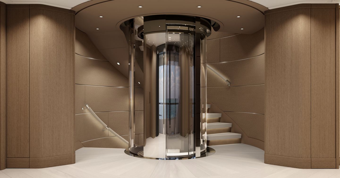Rendering of superyacht Project Evita interior glass elevator