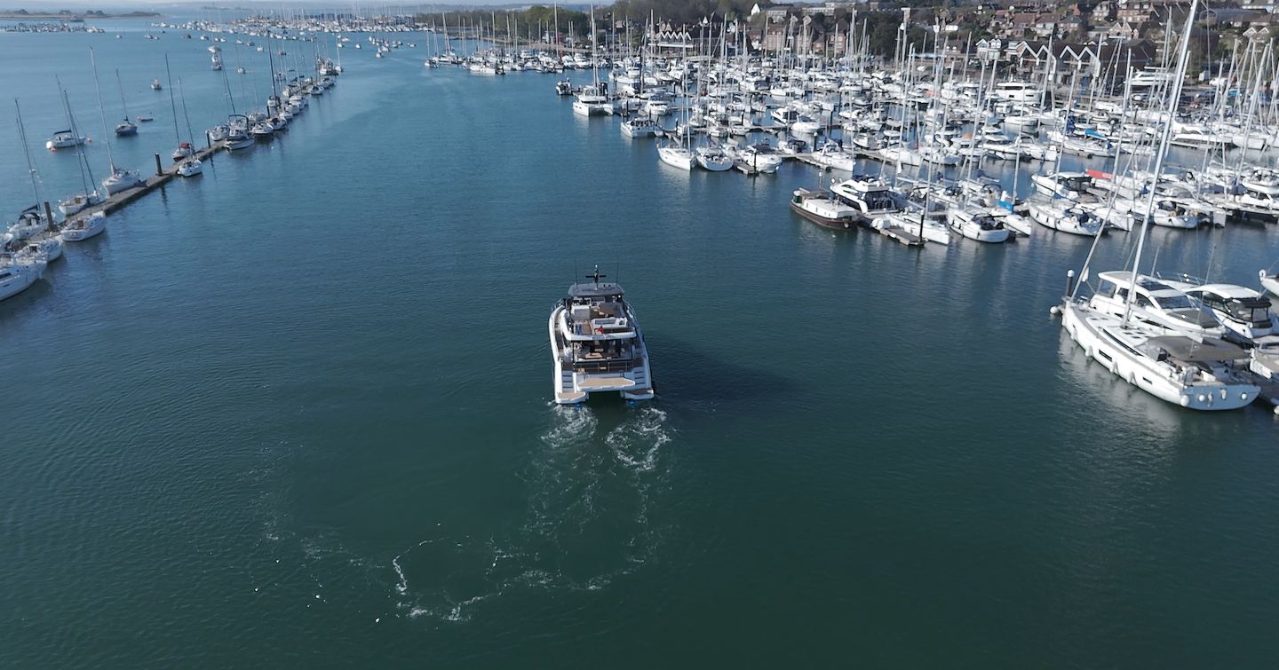 Prestige-M48-Review-marina-driving-off