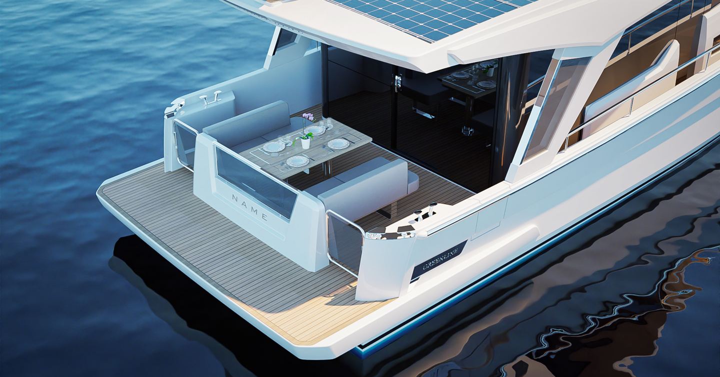 Rendering of Greenline 42 boat aft deck with alfresco dining