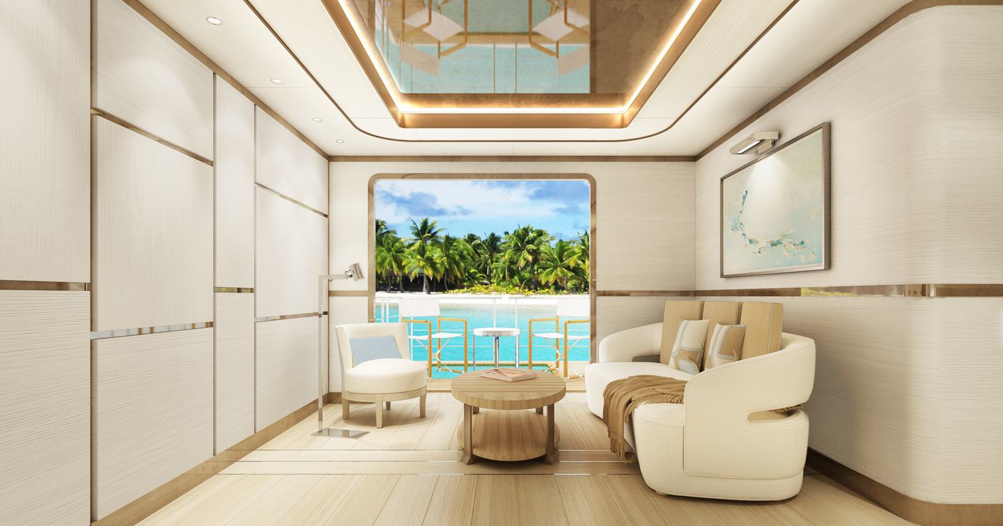 Rendering of Amels 60 Superyacht Project Vogue interior seating with balcony