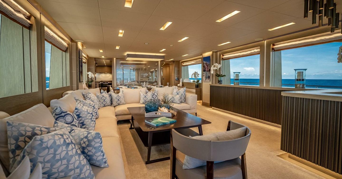 Superyacht Short Story main saloon with L-shaped sofa