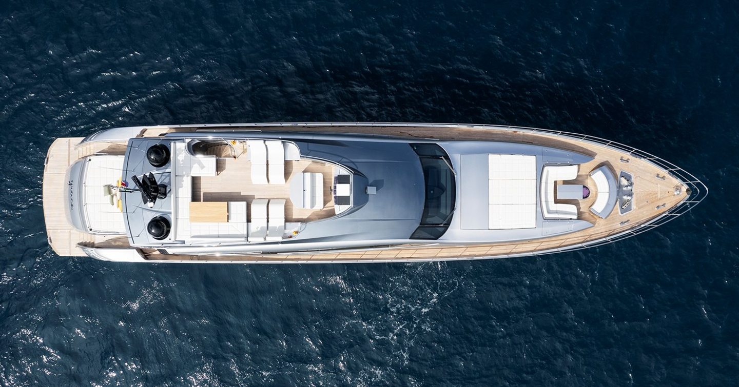 Aerial view of Pershing 108 superyacht Grace  at anchor 