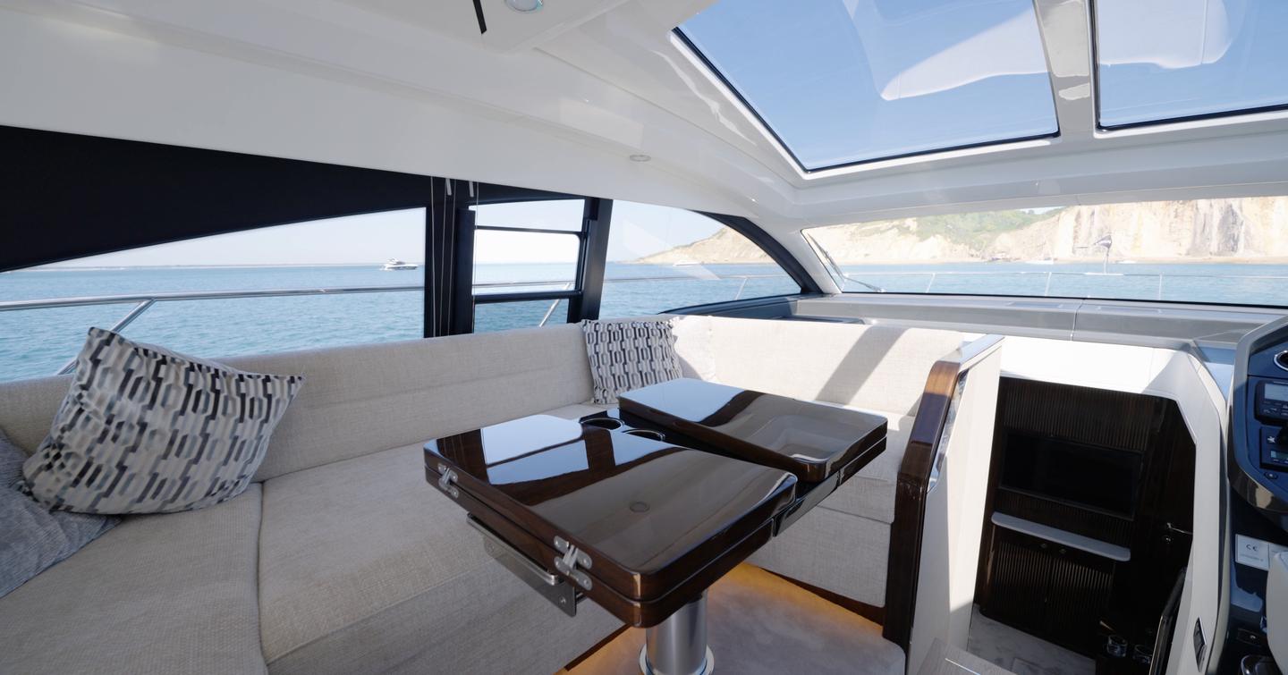 Fairline Targa 47 GT saloon with panoramic side windows and opening glass sunroof