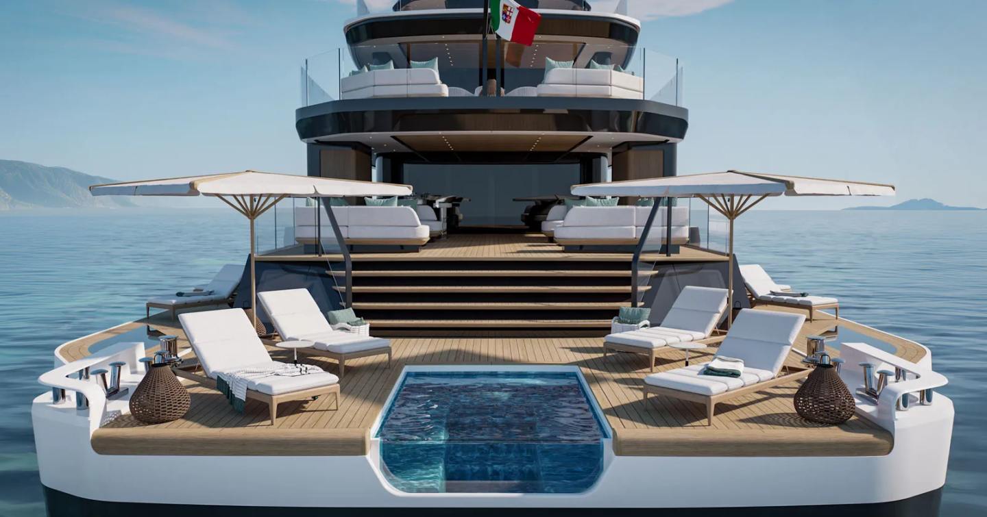 Rendering of Second Mangusta Oceano 52 superyacht beach club with infinity pool 
