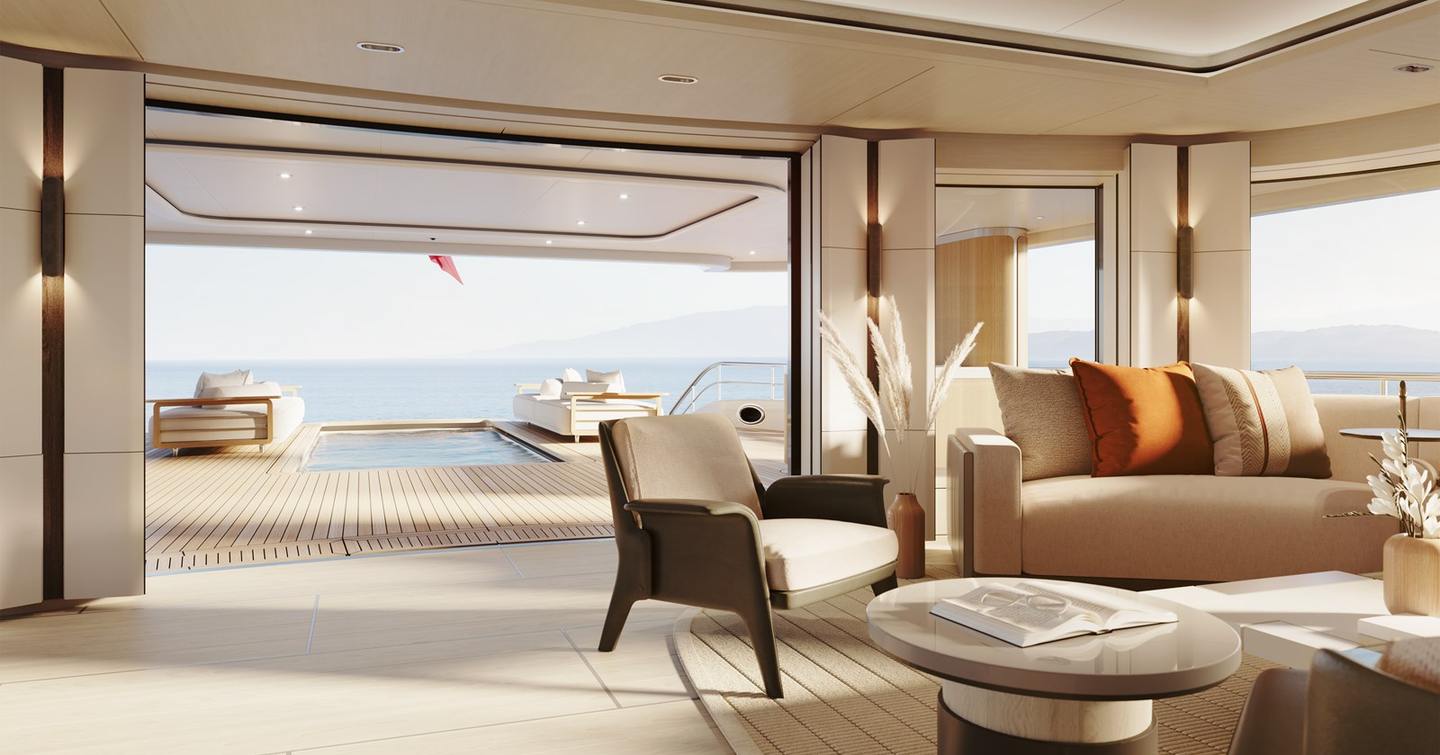 Stella M main salon with aft view to pool