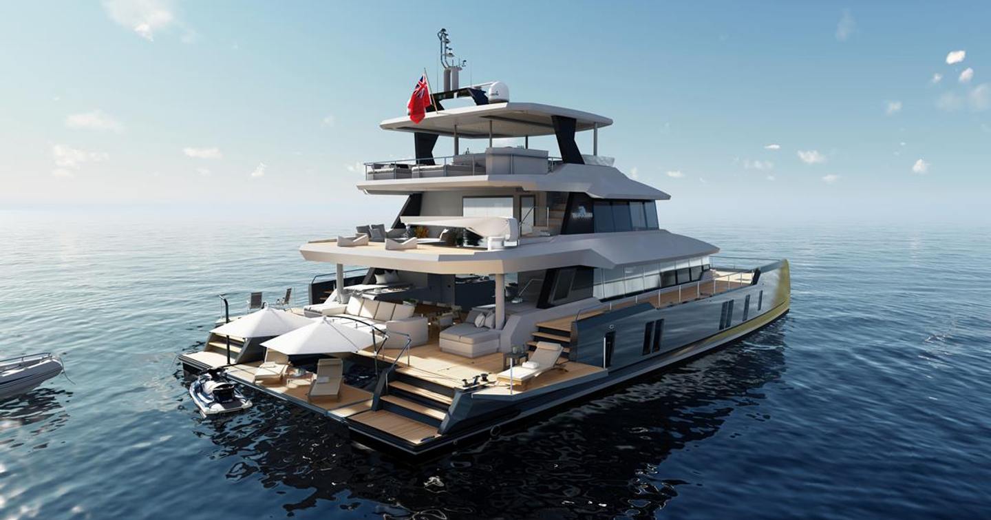 A render of the stern of the Two Oceans 870 Power Catamaran at anchor with its expansive beach club