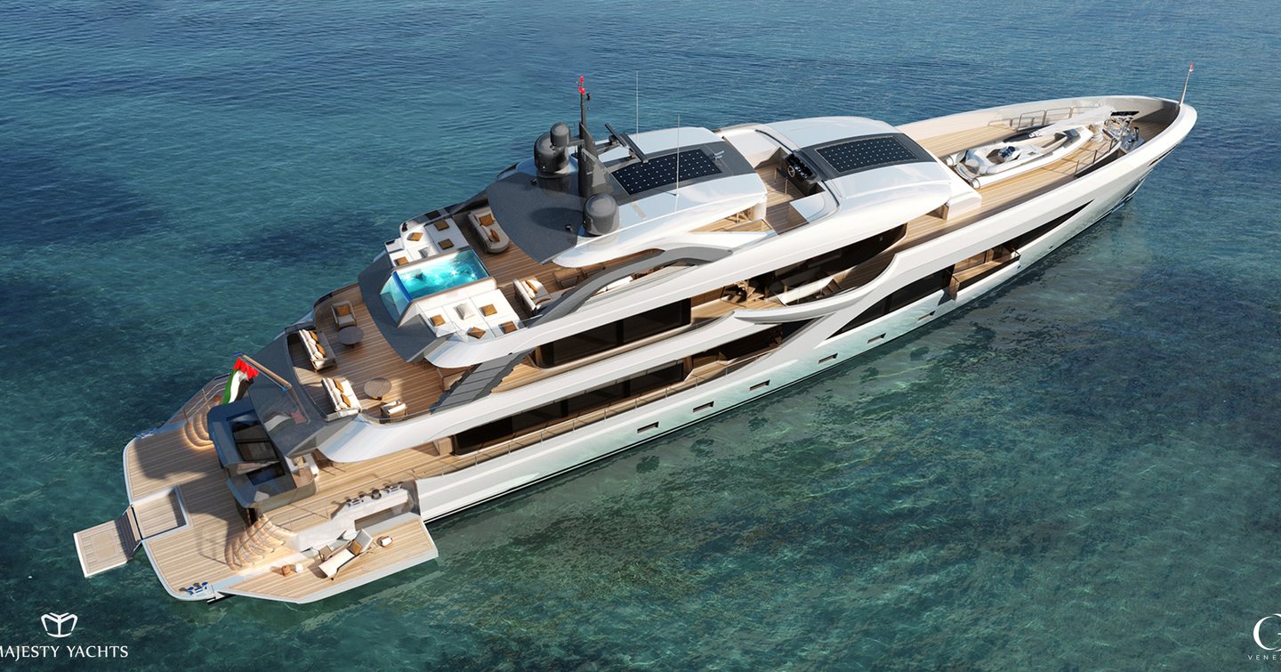 Majesty 160 superyacht rendering with fold out stern terrace