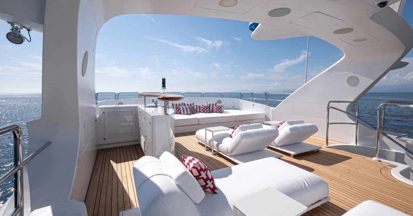 Benetti Classic 120 Superyacht Kos upper deck with white sun loungers