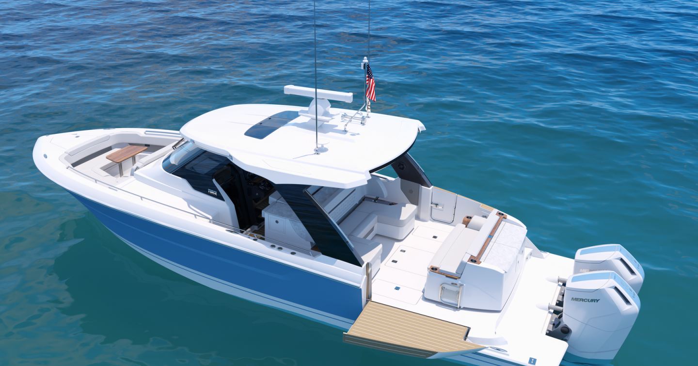 Rendering of Tiara Yachts 39LS sports yacht at anchor with portside extension