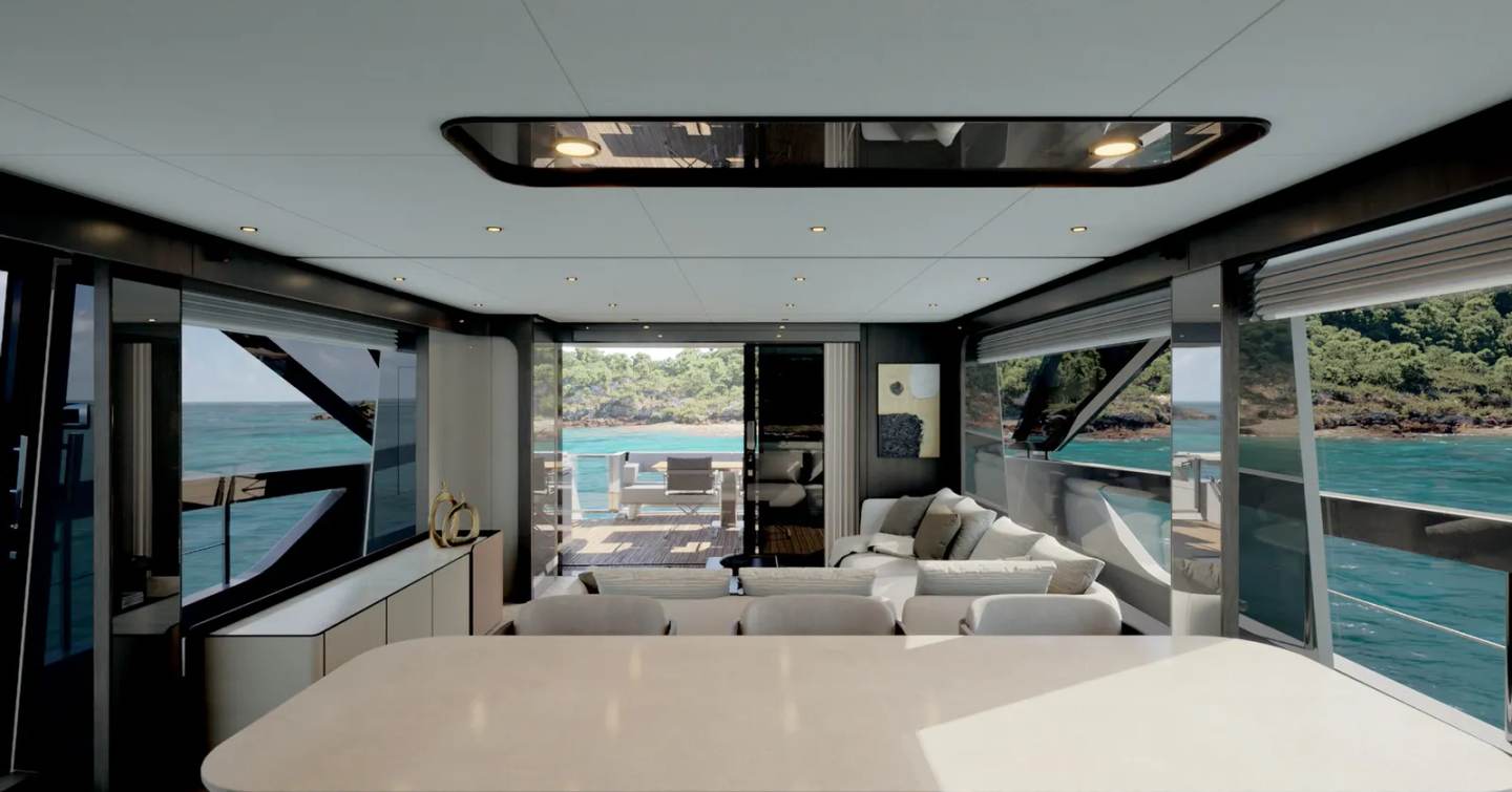 First Ferretti 800 motor yacht main saloon dining area 