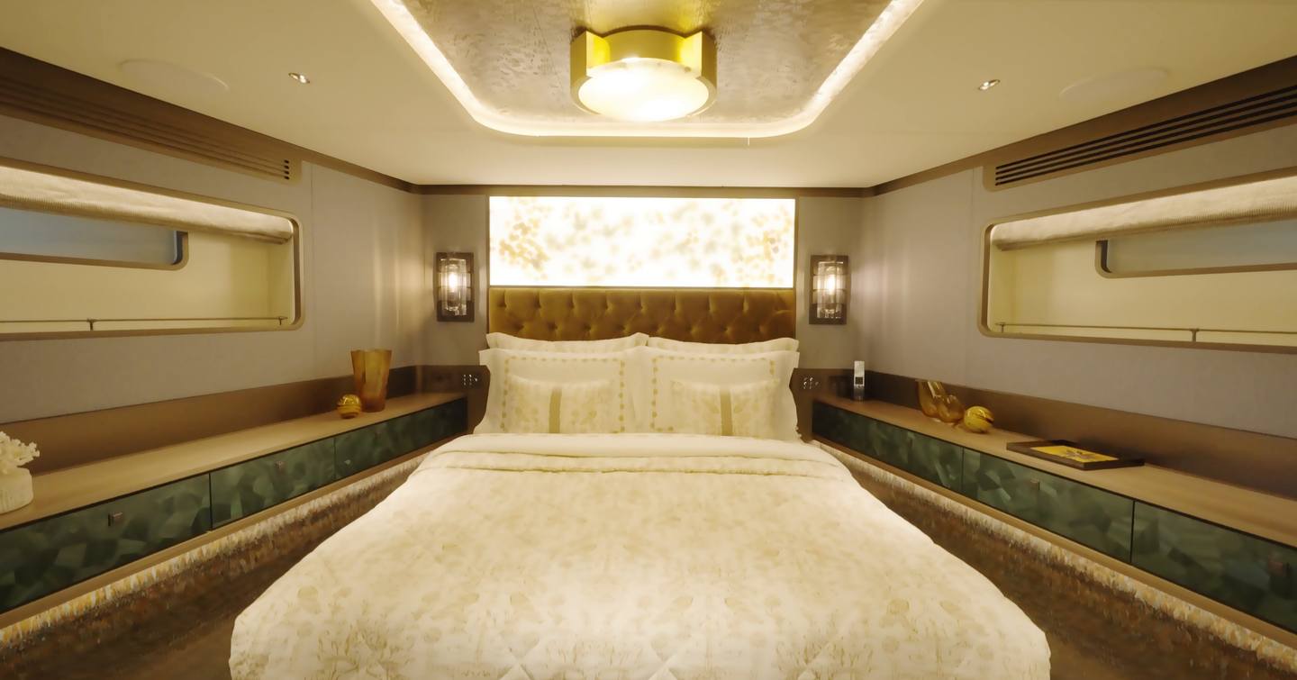 Sirena 118 forward VIP cabin with backlit headboard and slim hull windows