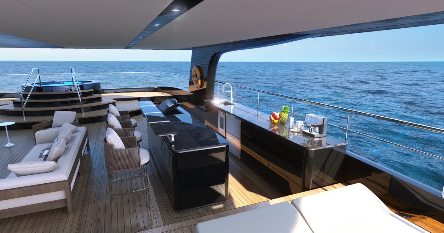 Rendering of VisionF 101 catamaran upper deck with bar area and jacuzzi