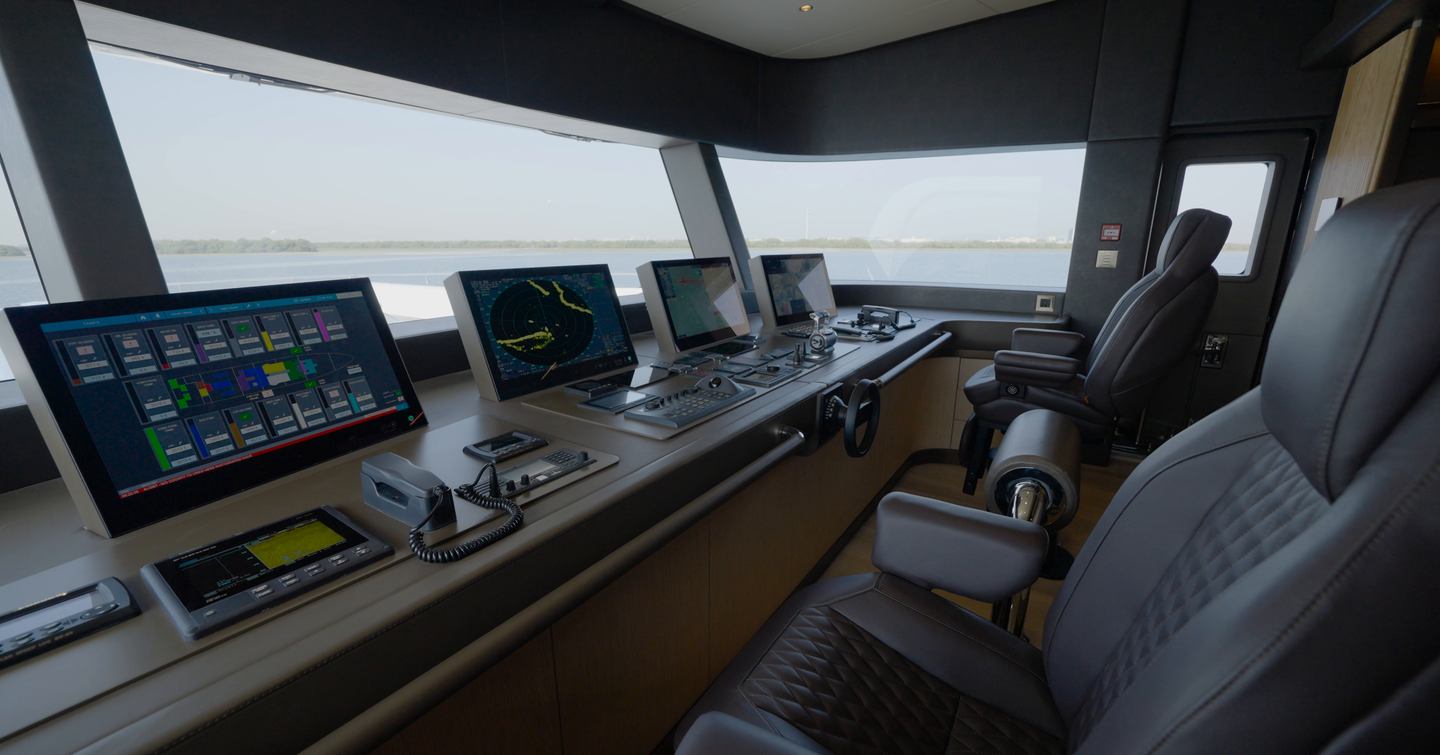 Gulf Craft Majesty 145 wheelhouse with four navigation displays, twin helm seats and excellent visibility