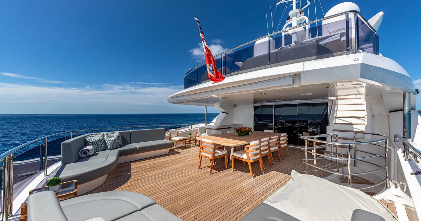 Superyacht TC's partially shaded outdoor seating area