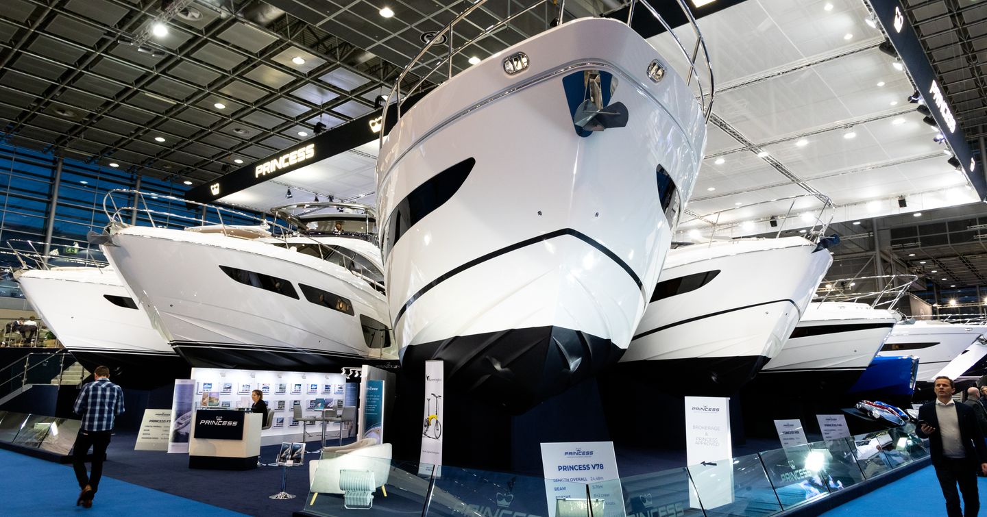 Display of Princess yachts at Boot Dusseldorf. Photo taken underneath bows.