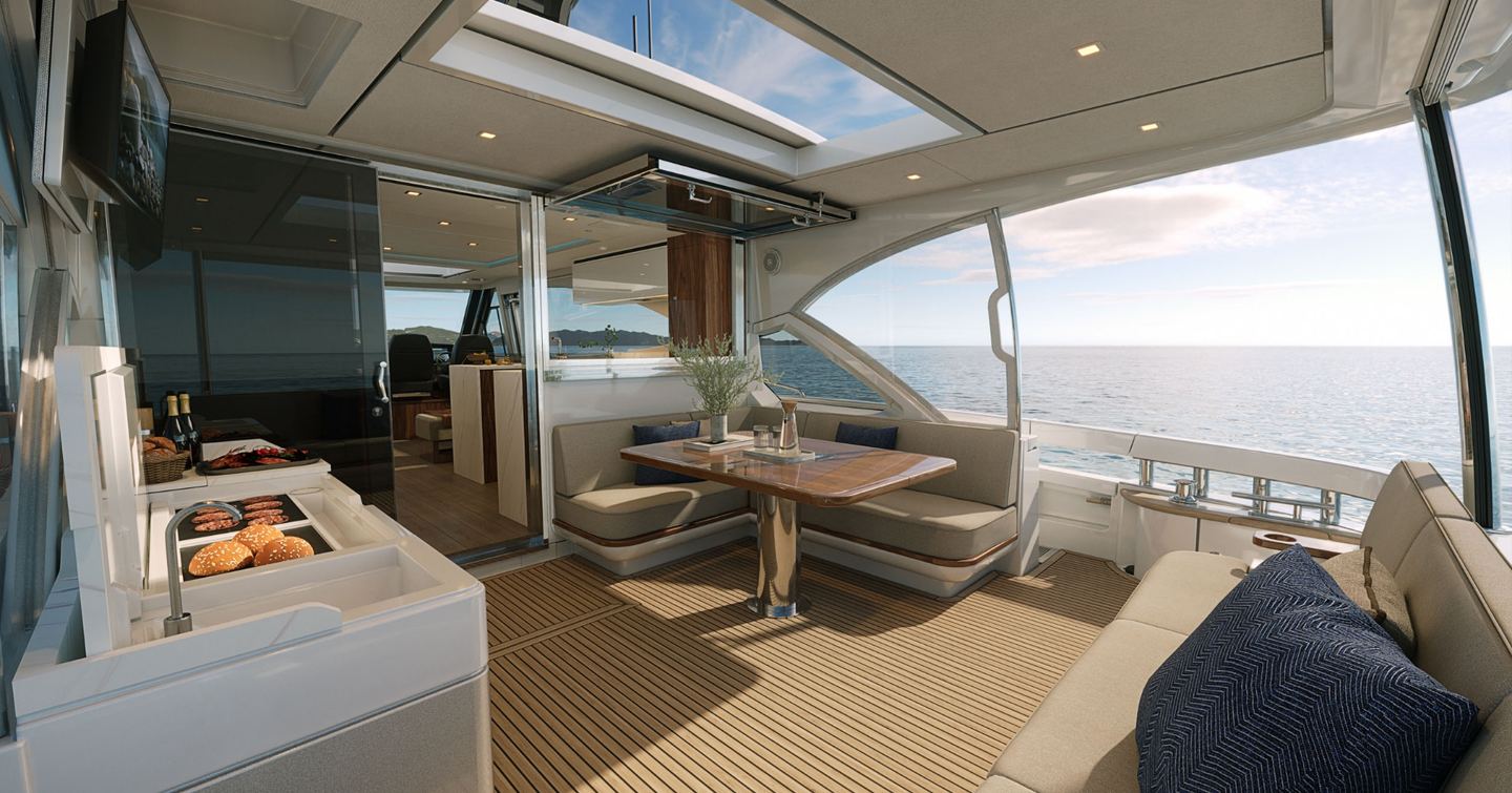 Riviera 6200 Sport Yacht Platinum Edition aft deck with lounge and dining area