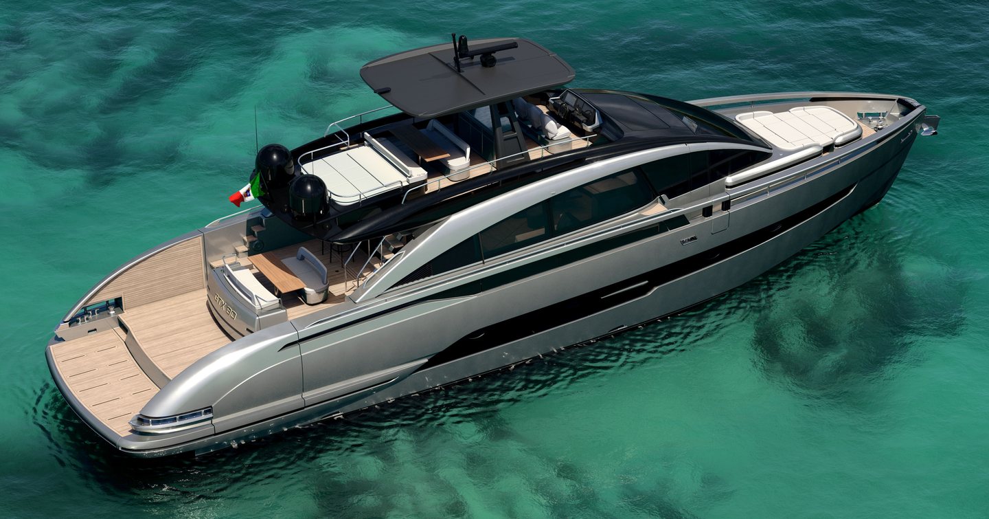 Rendering of motor yacht Pershing GTX80 at anchor