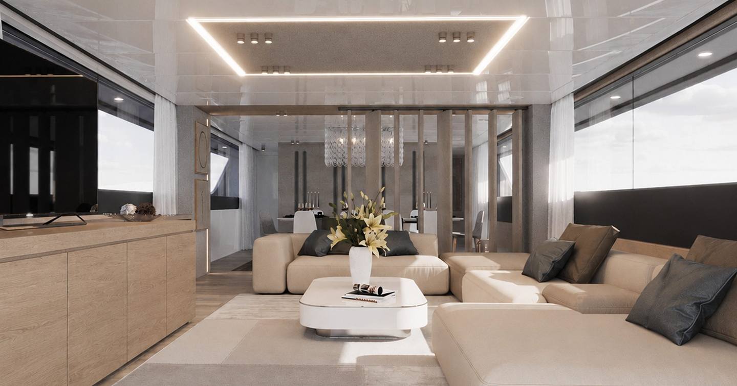 Rendering of Tecnomarine TM41 superyacht main saloon with beige seating and TV