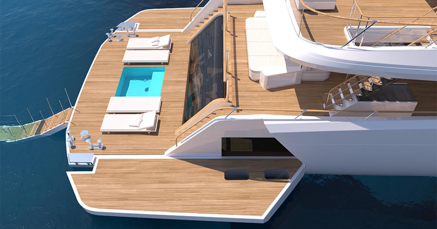 Rendering of Tankoa Superyacht Spirit beach club with swimming pool and fold out terraces 