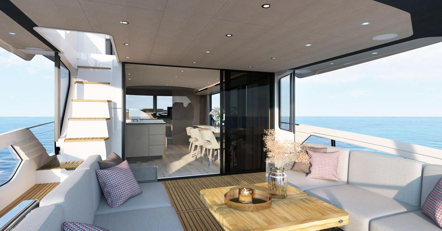 Absolute Navetta 58 motor yacht aft deck lounge area 