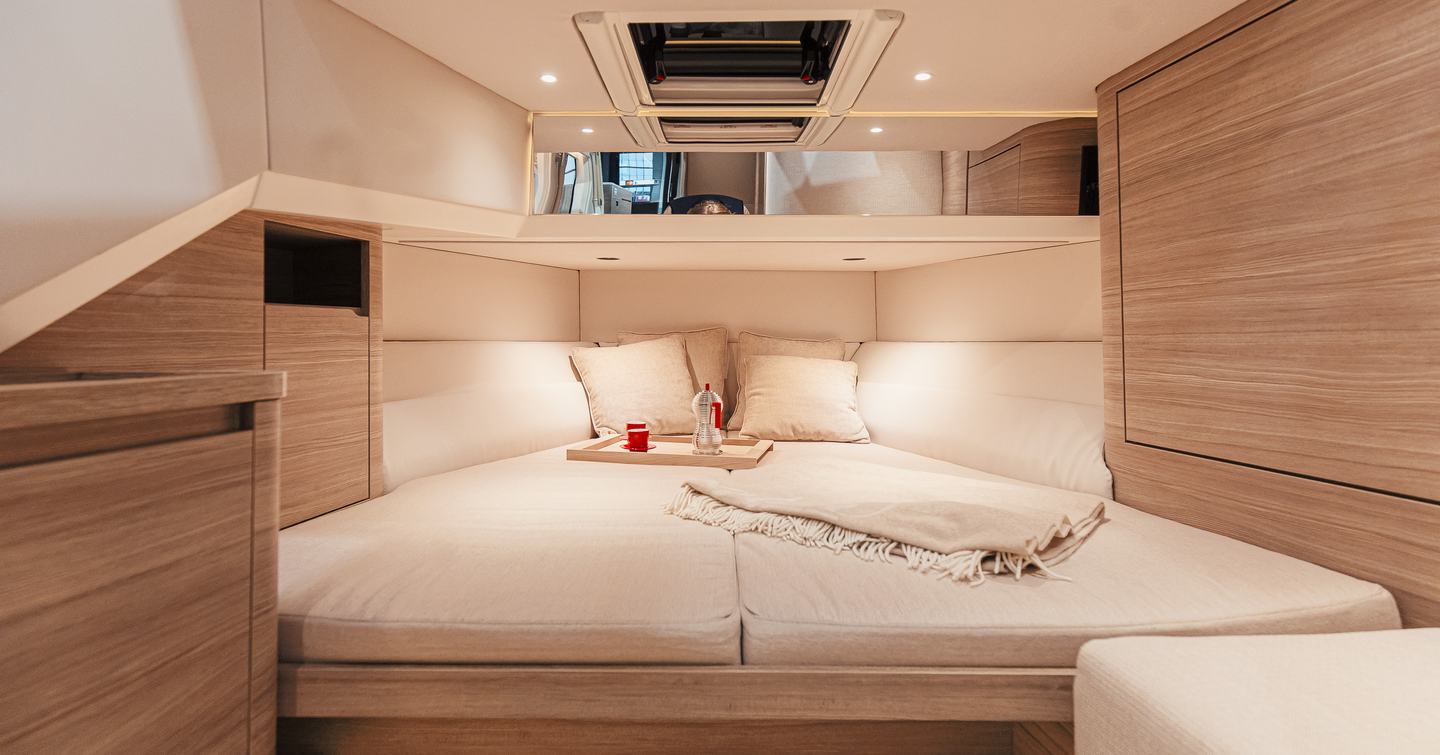 Saxdor-460-GTC-Review-forward-double-berth-with-infill-cushions