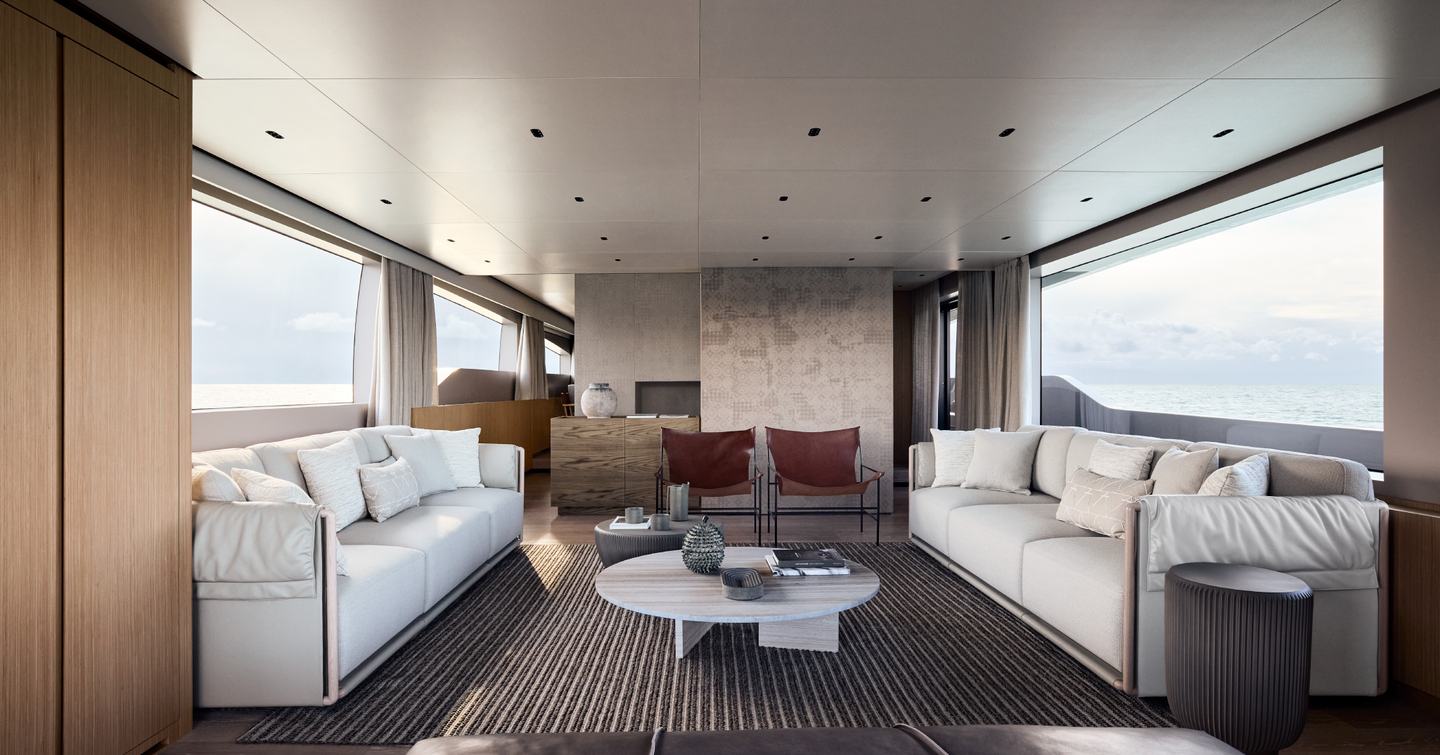 Sanlorenzo SL86A motor yacht main saloon with white sofas and coffe table