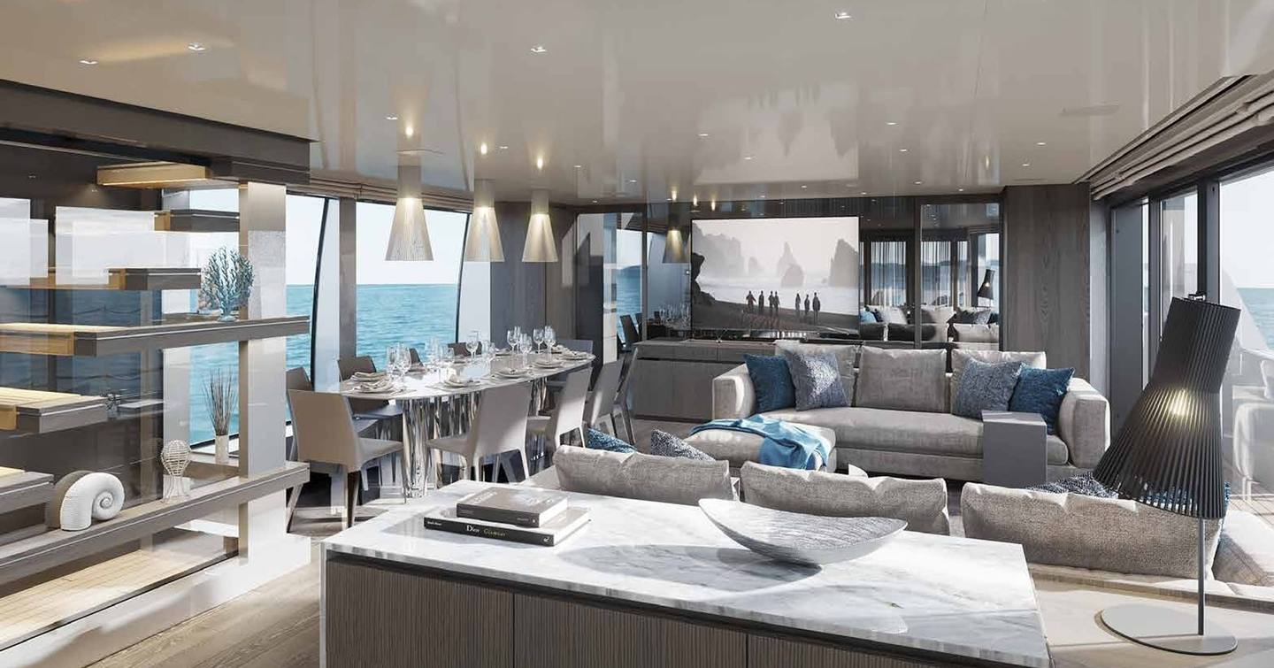 Rendering of Superyacht Paname main saloon with seating and dining area