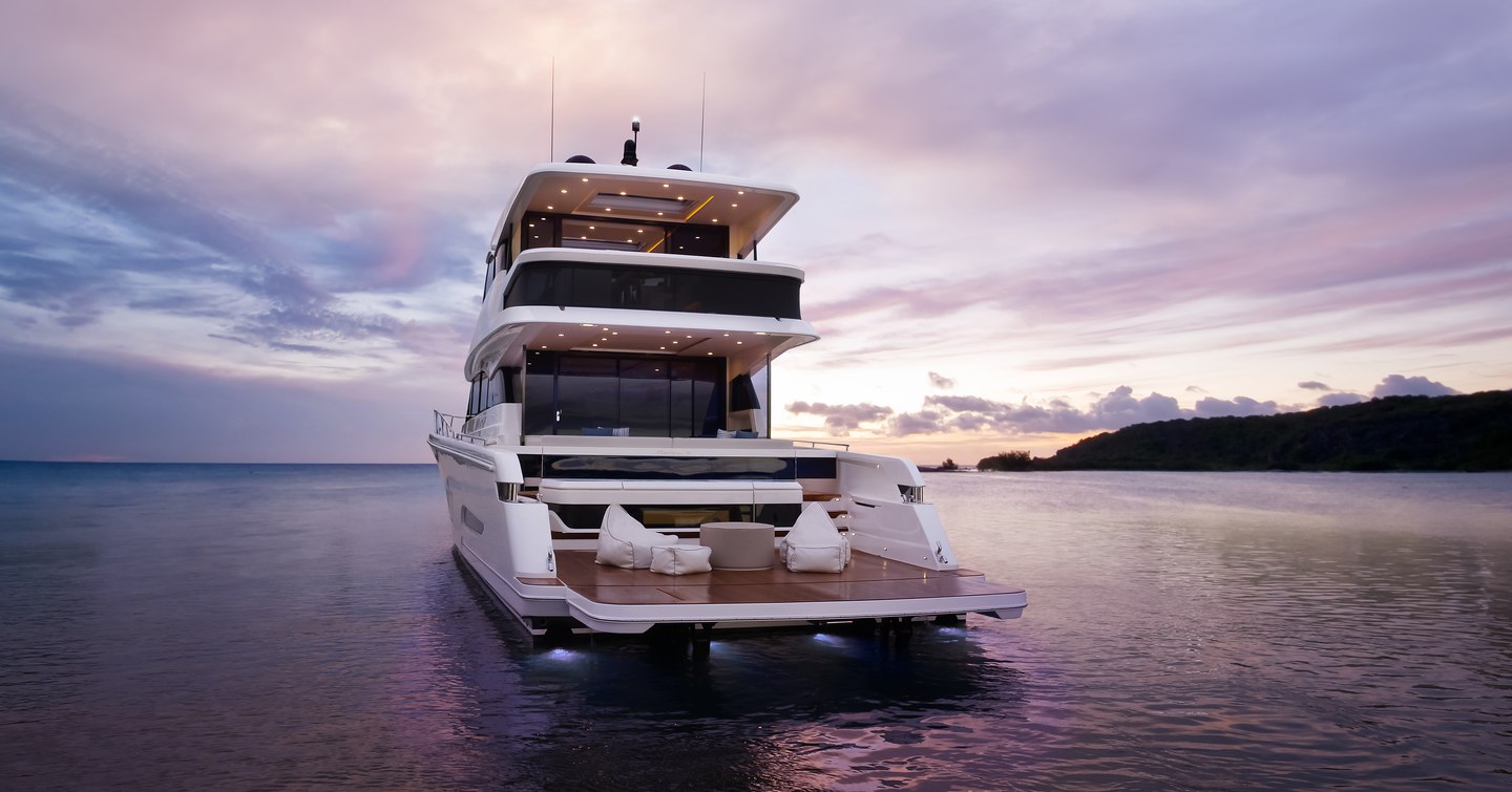 Aft view of the Maritimo M75 flybridge at sea during dusk