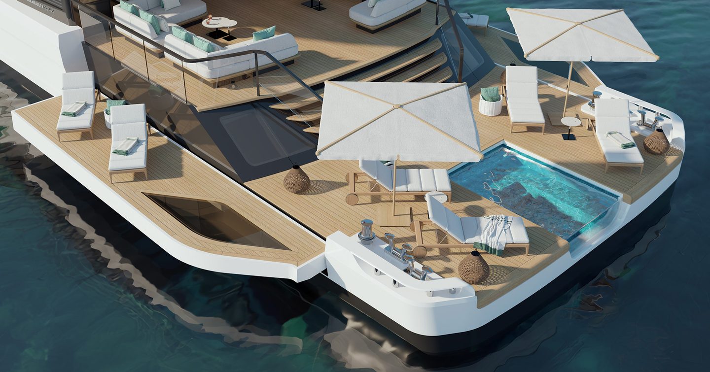 Rendering of Mangusta Oceano 52 superyacht beach club with infinity pool