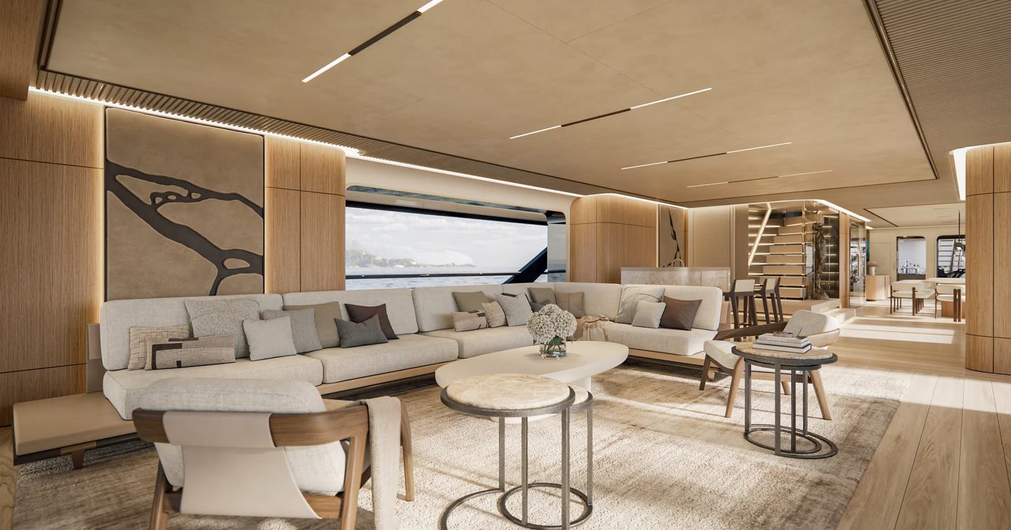 Rendering of Benetti B.Now 52M superyacht main saloon with L-shaped sofa 
