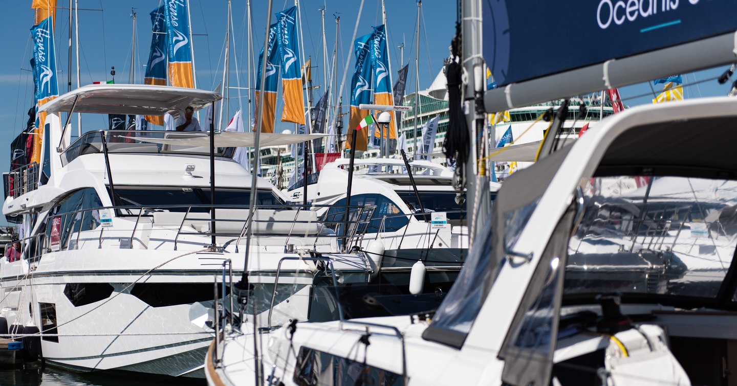 Motor yachts moored at Southampton Boat Show.