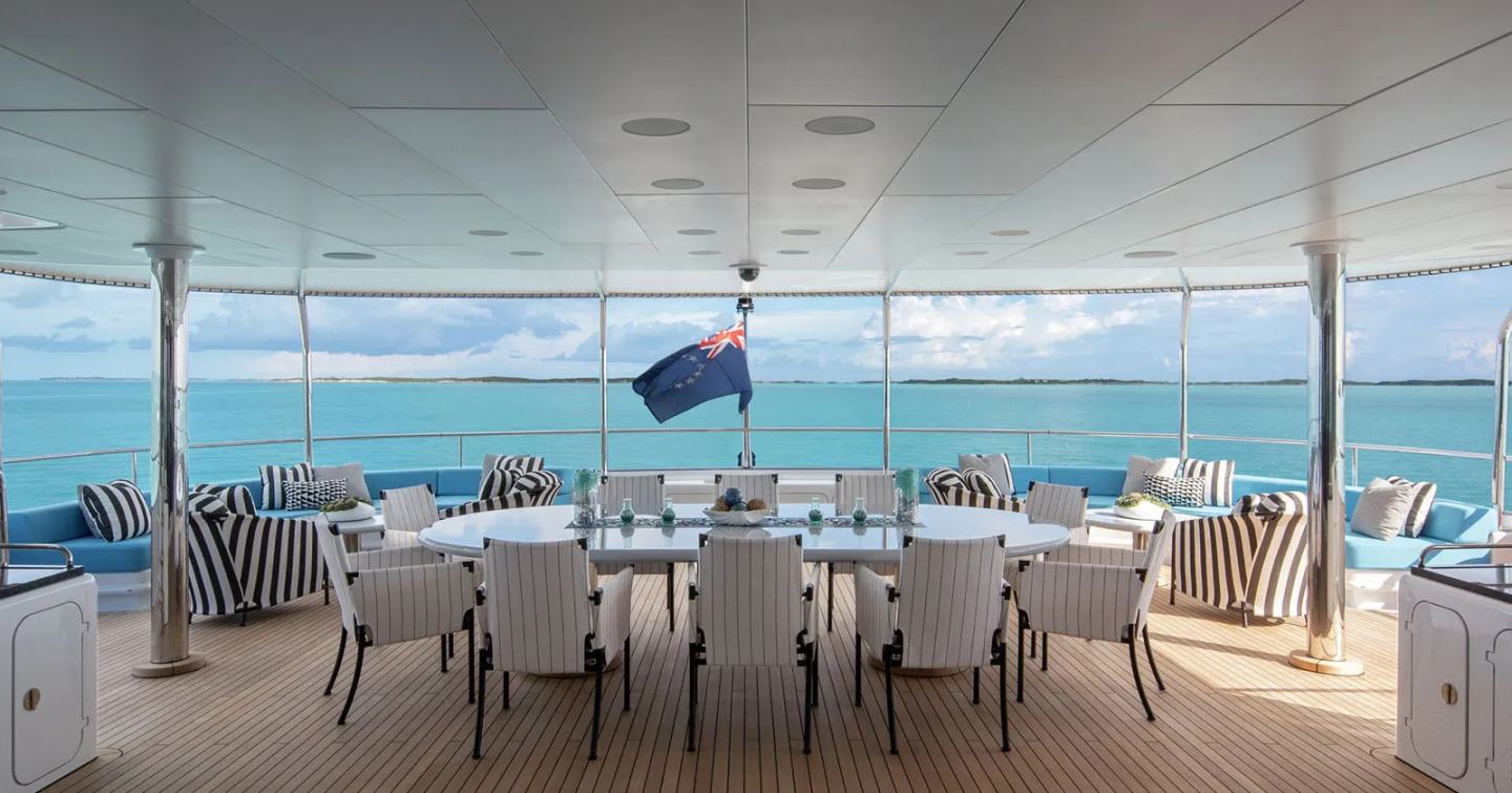 Superyacht Eternity aft deck shaded alfresco dining 