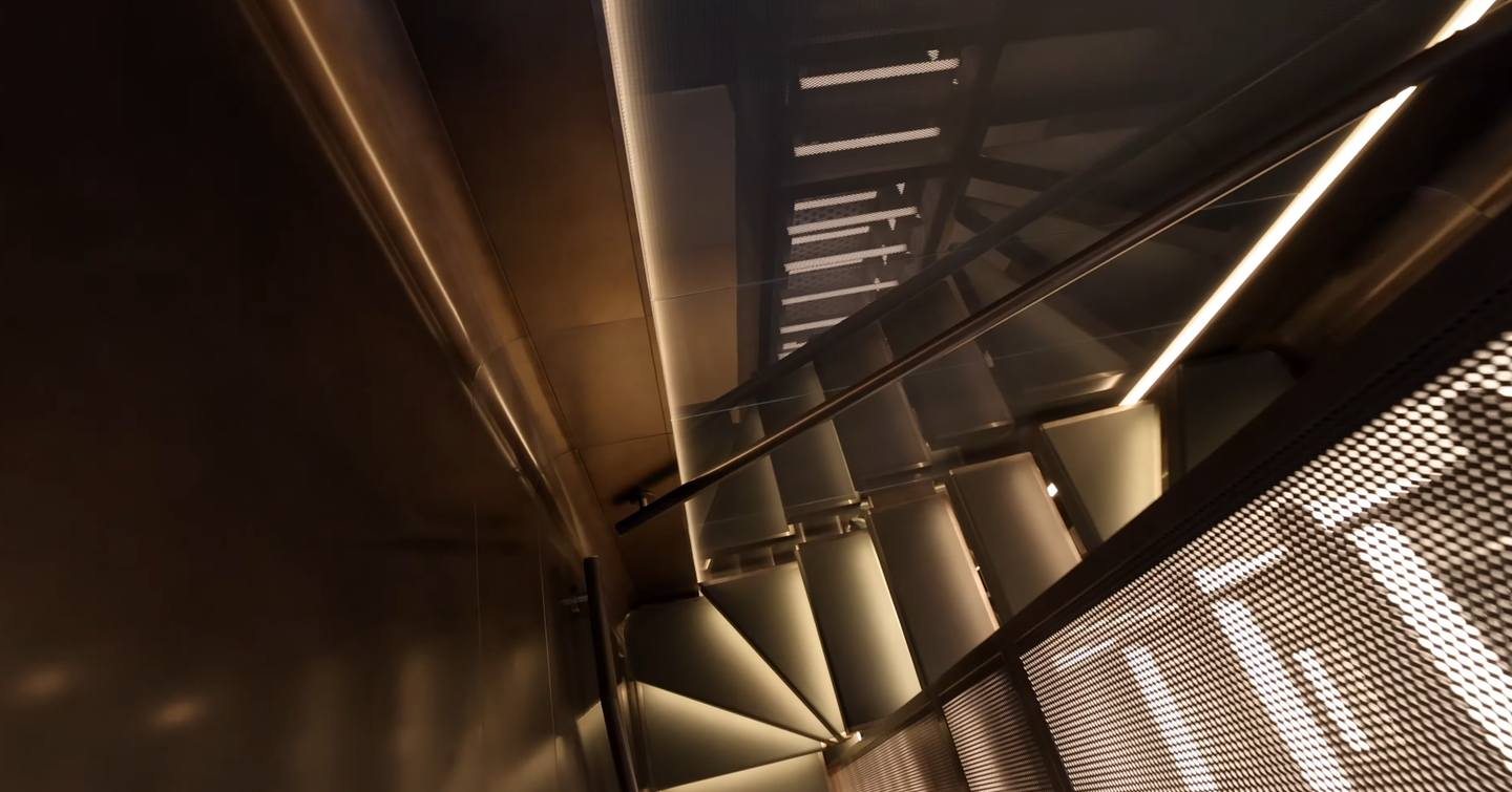 Aerial view of Superyacht Big Naan stairway with LED strips