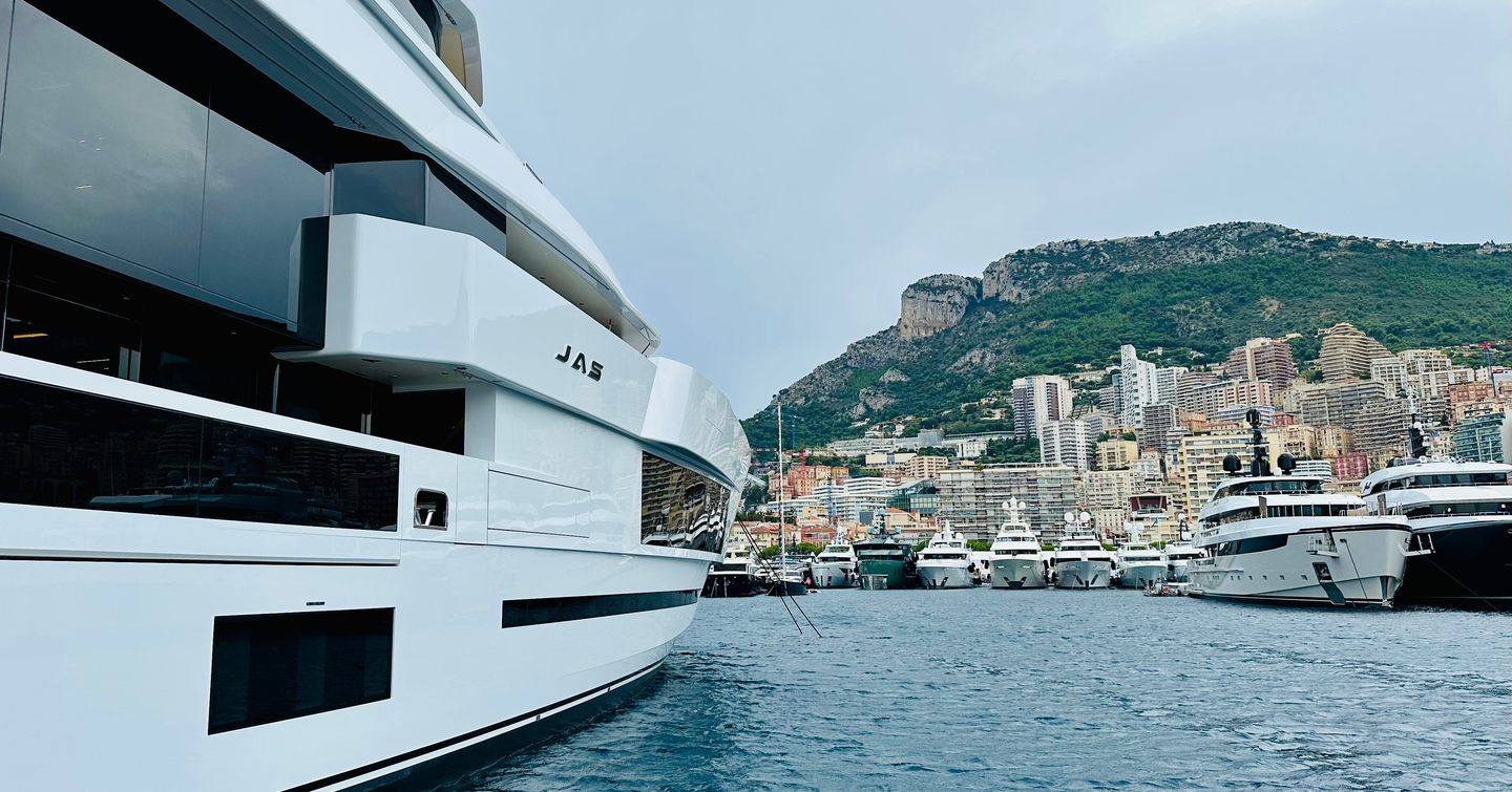 A starboard-side view of superyacht JAS in Monaco