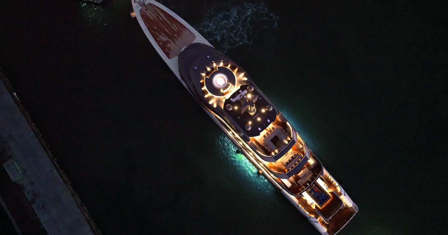 Aerial view of Amels 80 Pangea Superyacht at night