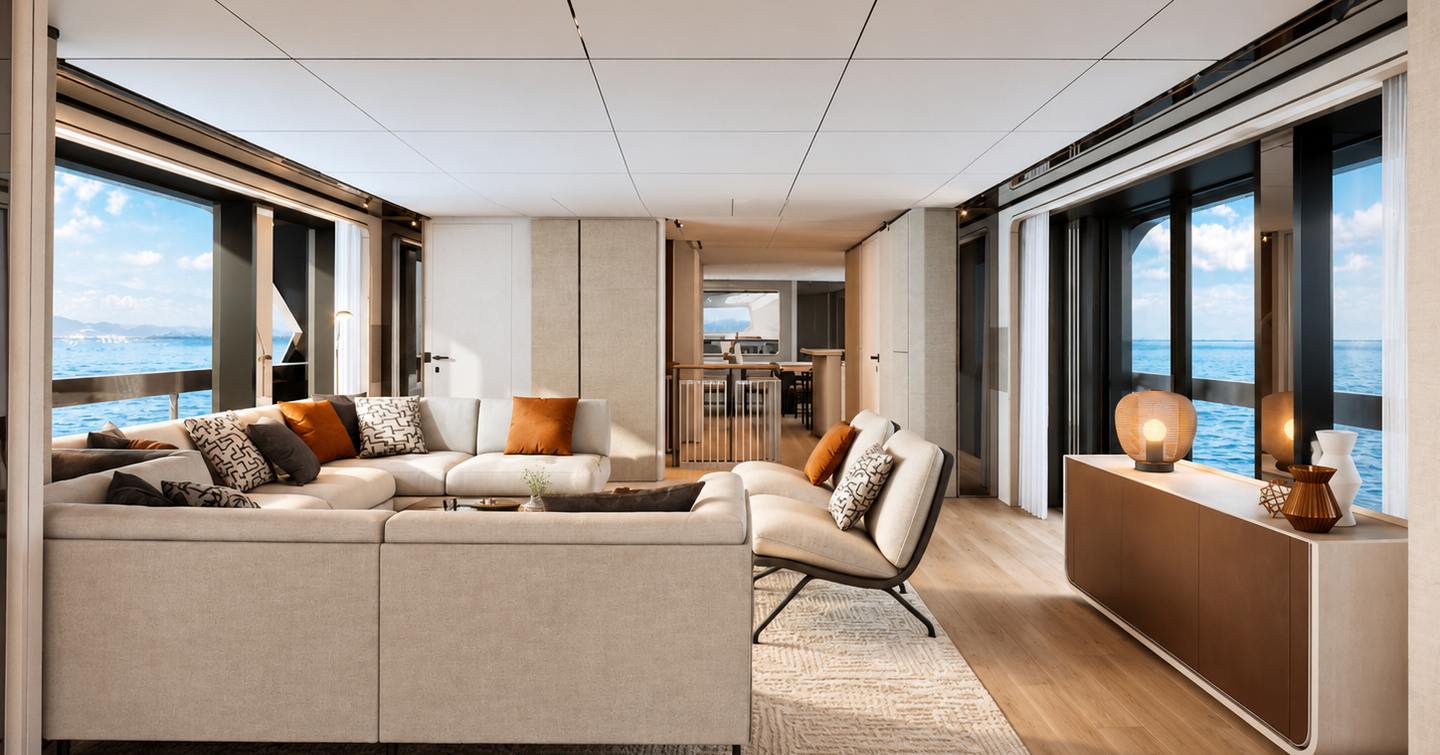 Rendering of Ferretti INFYNITO 100 Superyacht main salon with U-shaped seating