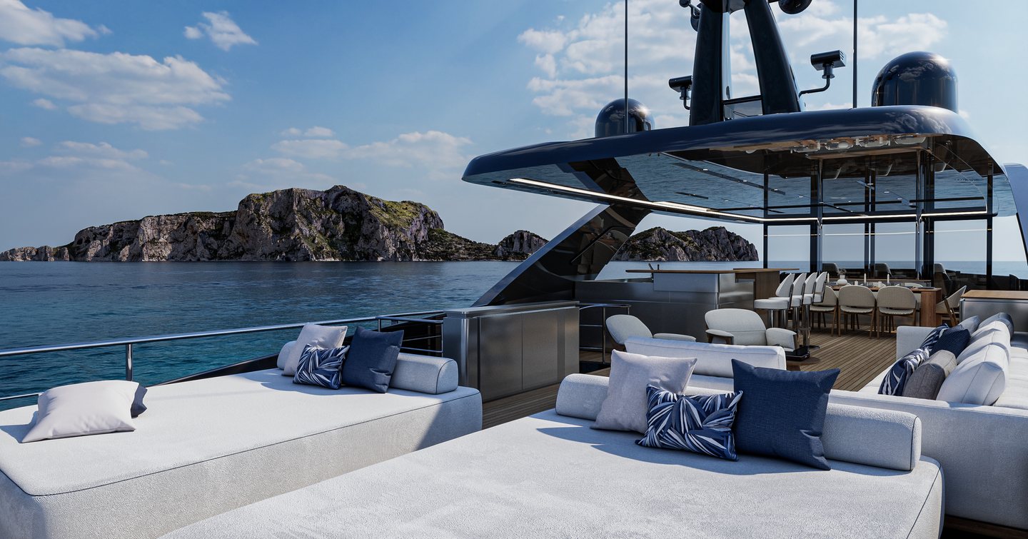 Rendering of ISA Viper 130 motor yacht sundeck with large beige sunpads and shaded seating 