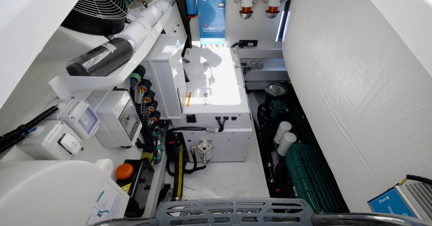 Engine room aboard the Fairline Targa 47 GT with twin Volvo Penta D11 IPS650 engines